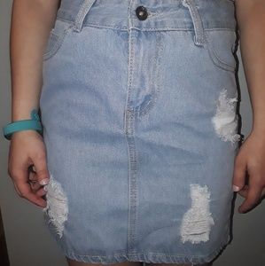 Light Wash Distressed Denim Skirr